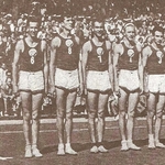 Българският отбор на световния шампионат в Прага – 1949 г.: от ляво на дясно, Коста Шопов – капитан, Борис Гюдеров, Георги Коматов, Тодор Симов, Стойчо Кърджиев и Митко Димитров.